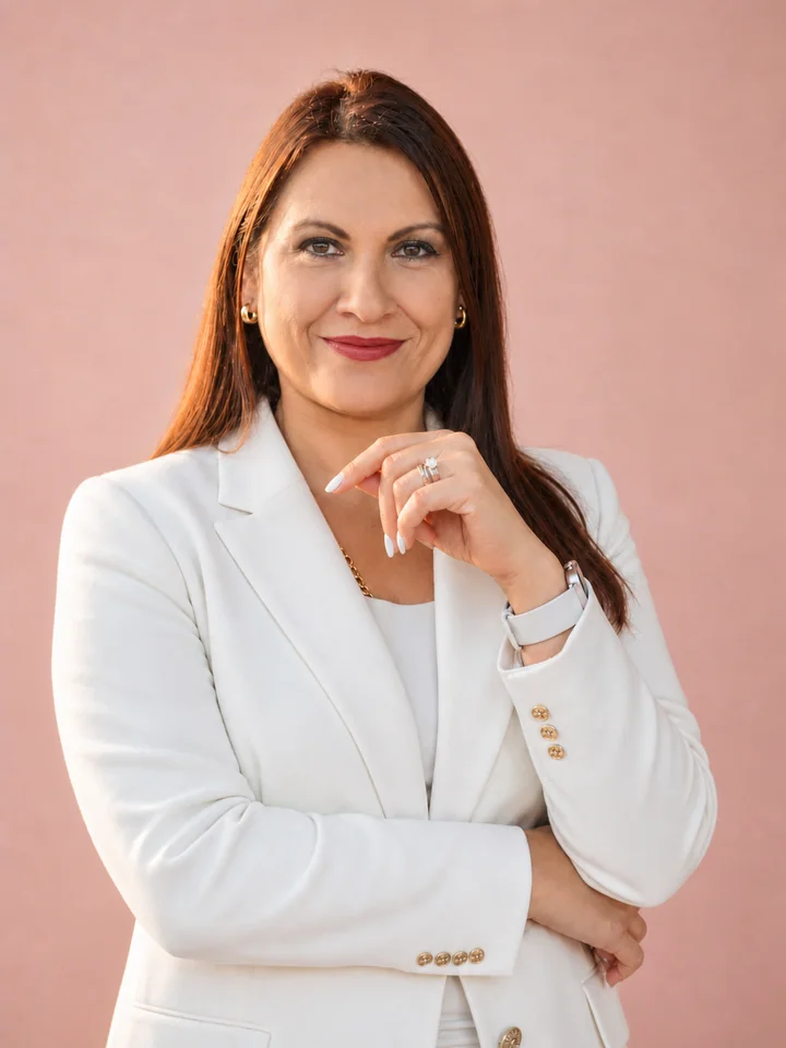 Lisseth Zamora, psicóloga clínica, con blazer blanco sobre fondo rosado
